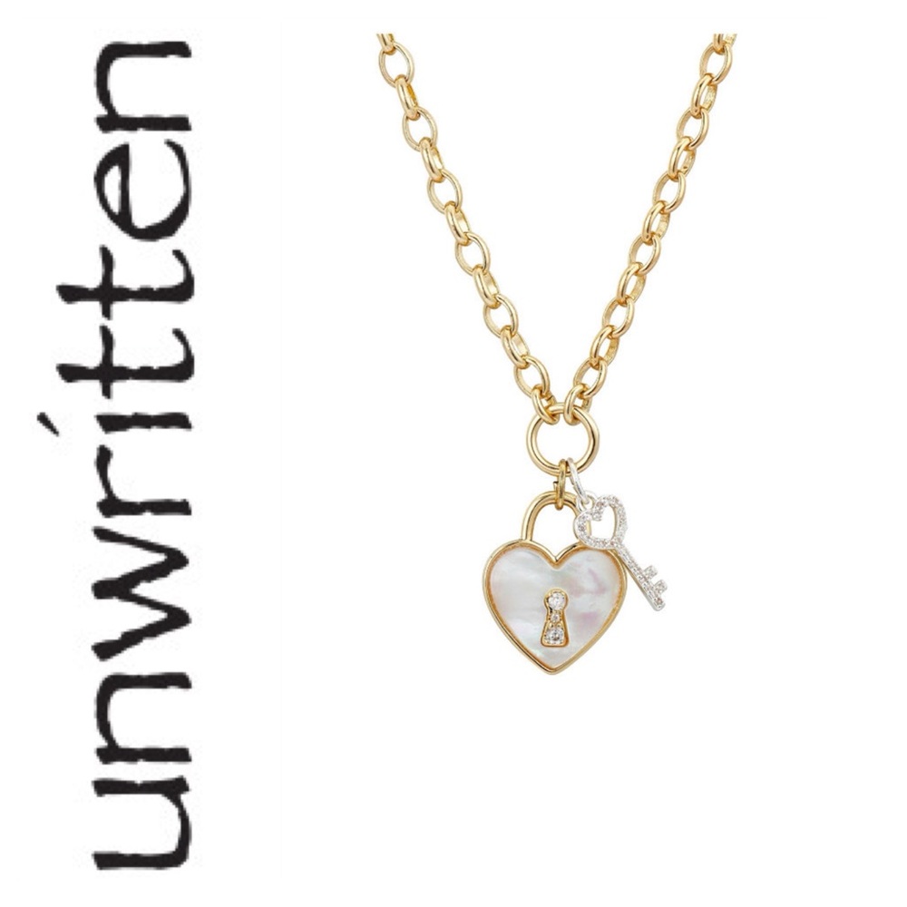 🌟 Unwritten CZ Mother of Pearl Stone Heart and Key Necklace